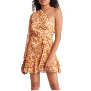NWT LUSH Chiffon One Sleeve Ruffled Mustard Rust Mini Floral Dress,‎ Size Large